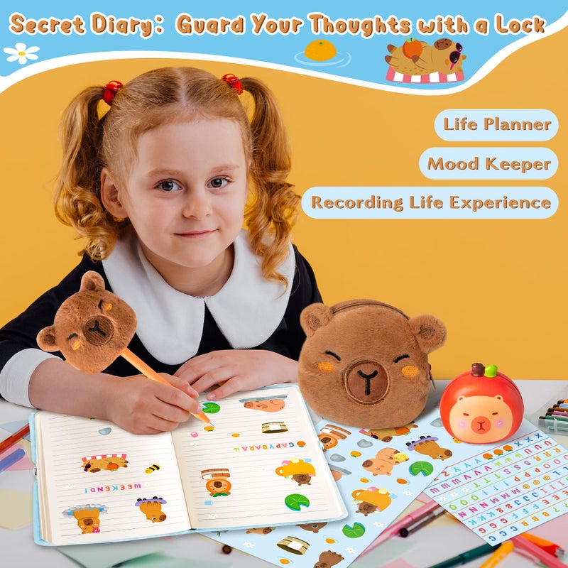 CY2SIDE 6PCS Capybara Diary with Lock and Keys for Kids, Fun Animal Plush Secret Journal Diary Journal Set with Notebook Pen Sticker Squeeze Toy and Purse, Idea Birthday Velentines Gift for Teen Girls - Image 5