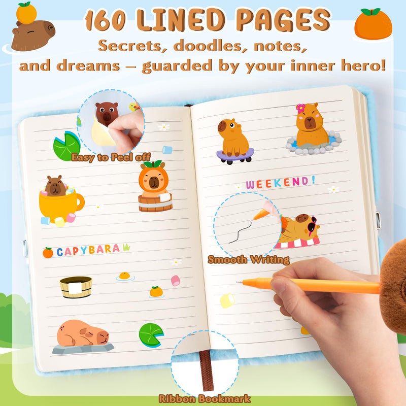 CY2SIDE 6PCS Capybara Diary with Lock and Keys for Kids, Fun Animal Plush Secret Journal Diary Journal Set with Notebook Pen Sticker Squeeze Toy and Purse, Idea Birthday Velentines Gift for Teen Girls - Image 3