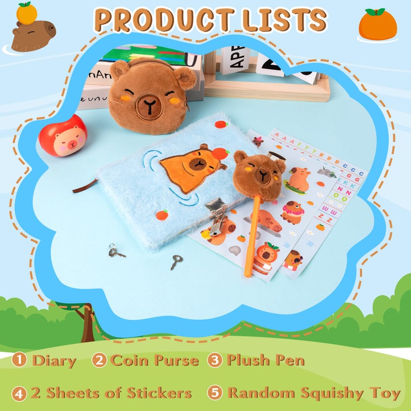 CY2SIDE 6PCS Capybara Diary with Lock and Keys for Kids, Fun Animal Plush Secret Journal Diary Journal Set with Notebook Pen Sticker Squeeze Toy and Purse, Idea Birthday Velentines Gift for Teen Girls - Image 4