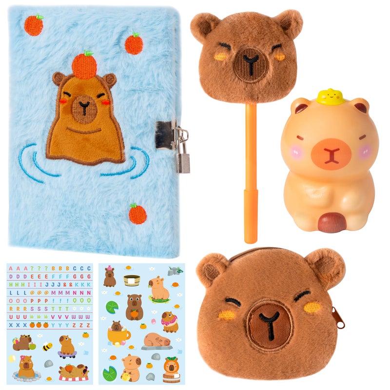 CY2SIDE 6PCS Capybara Diary with Lock and Keys for Kids, Fun Animal Plush Secret Journal Diary Journal Set with Notebook Pen Sticker Squeeze Toy and Purse, Idea Birthday Velentines Gift for Teen Girls - Image 1