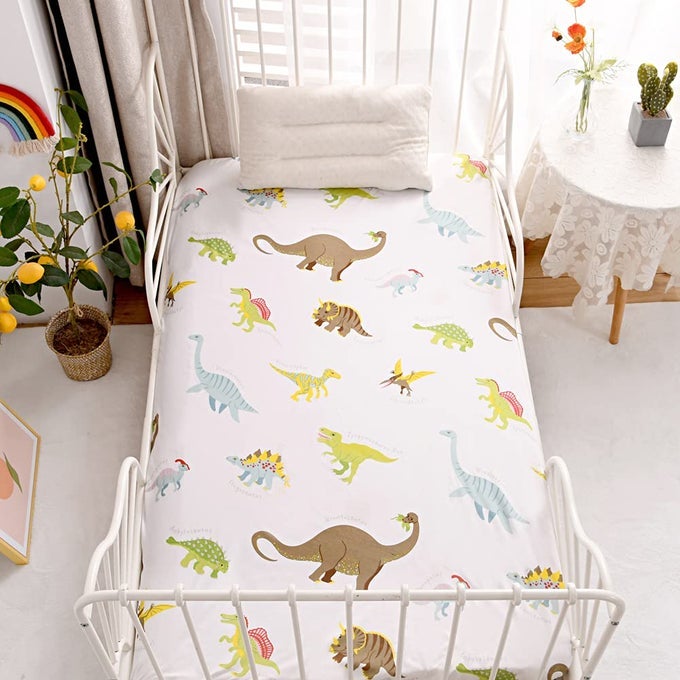 BEDDING FITTED SHEET WITH DEEP POCKETDINO PRINTED FABRIC BED SHEETSSOFT DINO PATTERN SHEETS FOR KIDS TWIN SIZE BED WHITEDINOSAUR TWIN
