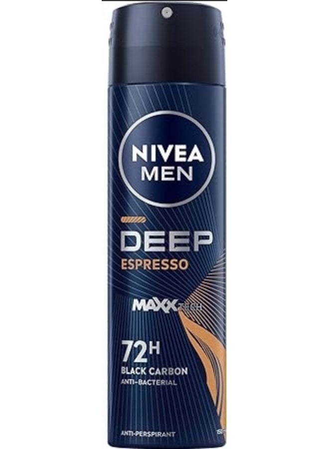 Nivea مزيل العرق للرجال NIVEA MEN Deep Black Carbon Espresso، مضاد للتعرق للرجال، مضاد للبكتيريا، بخاخ أسود/بني 150 مل (قد يختلف التعبئة) - Image 1