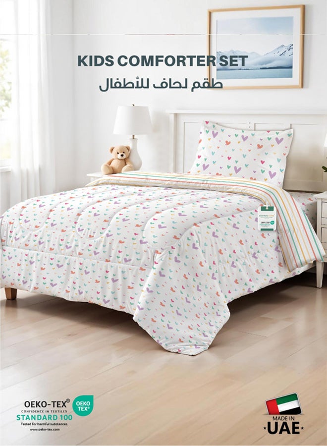 Cotton home طقم لحاف أطفال من القطن الفاخر 3 قطع يتضمن ، 1 قطعة لحاف 135x220 سم ، 1 قطعة ملاءة مشدودة 90x200 سم ، و 1 قطعة غطاء وسادة 50x75+5 سم 50x75+5 سم ، قلوب ملونة - Image 1