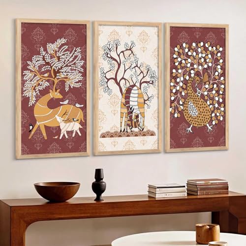 kotart - Traditional Indian Art Pichwai Wall Décor Paintings | Painting for wall Decoration | Madhubani Art Painting with Frame for Living Room set of 3 (10X19 INCH, F) - Image 5