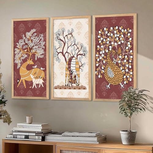 kotart - Traditional Indian Art Pichwai Wall Décor Paintings | Painting for wall Decoration | Madhubani Art Painting with Frame for Living Room set of 3 (10X19 INCH, F) - Image 3