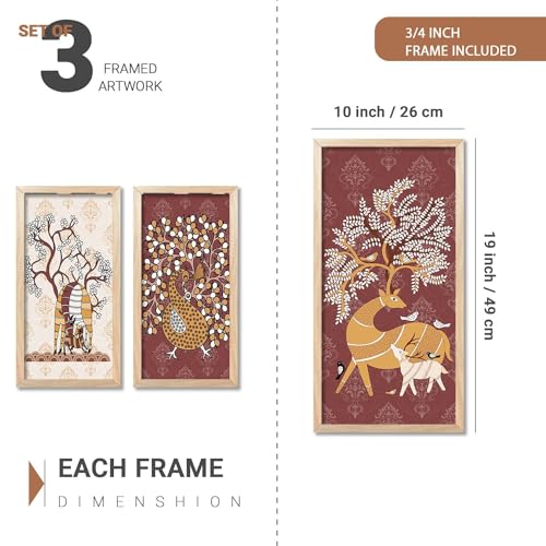 kotart - Traditional Indian Art Pichwai Wall Décor Paintings | Painting for wall Decoration | Madhubani Art Painting with Frame for Living Room set of 3 (10X19 INCH, F) - Image 2