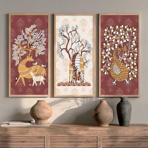 kotart - Traditional Indian Art Pichwai Wall Décor Paintings | Painting for wall Decoration | Madhubani Art Painting with Frame for Living Room set of 3 (10X19 INCH, F) - Image 1