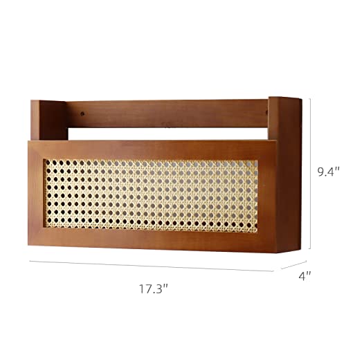 FRIADE Wall Wood Magazine Rack with PE Rattan Grid,Size 17.3" x 4" x 9.4",File Holder For Entryway, Living Room, Waiting Room, Kids’ room,Office（Brown） - Image 4