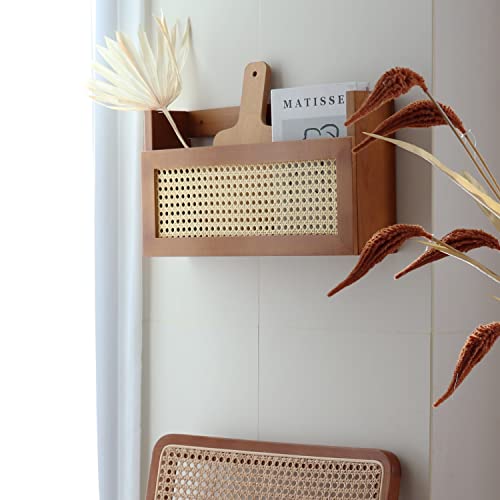 FRIADE Wall Wood Magazine Rack with PE Rattan Grid,Size 17.3" x 4" x 9.4",File Holder For Entryway, Living Room, Waiting Room, Kids’ room,Office（Brown） - Image 3