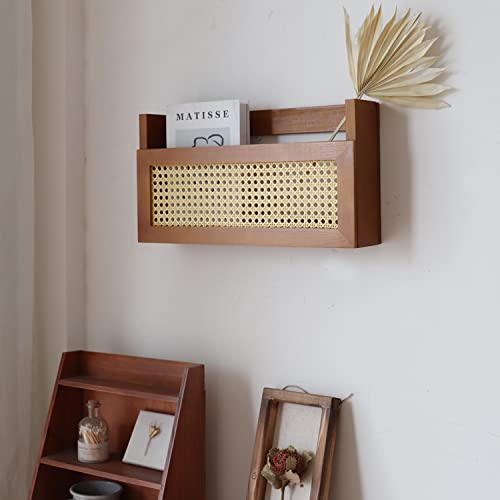 FRIADE Wall Wood Magazine Rack with PE Rattan Grid,Size 17.3" x 4" x 9.4",File Holder For Entryway, Living Room, Waiting Room, Kids’ room,Office（Brown） - Image 2