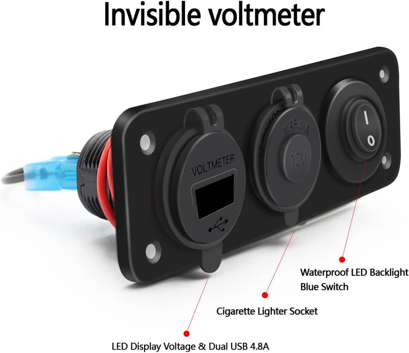 FXC منفذا USB مزدوجان من QC 3.0 مع مقياس فولت LED + مقبس طاقة 12 فولت + لوحة مفتاح تشغيل-إيقاف للمركبات مثل السيارات والقوارب والمركبات البحرية وعربات التخييم والشاحنات وأجهزة GPS والهواتف المحمولة (أزرق) - Image 3