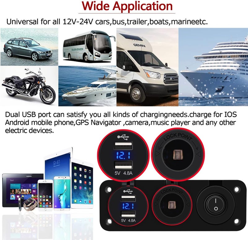 FXC منفذا USB مزدوجان من QC 3.0 مع مقياس فولت LED + مقبس طاقة 12 فولت + لوحة مفتاح تشغيل-إيقاف للمركبات مثل السيارات والقوارب والمركبات البحرية وعربات التخييم والشاحنات وأجهزة GPS والهواتف المحمولة (أزرق) - Image 5