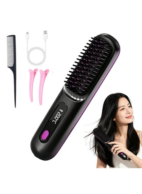Hair Brush for Short Hair Cordless Mini Straightener Brush with LCD Temperature Display and Fast Heating