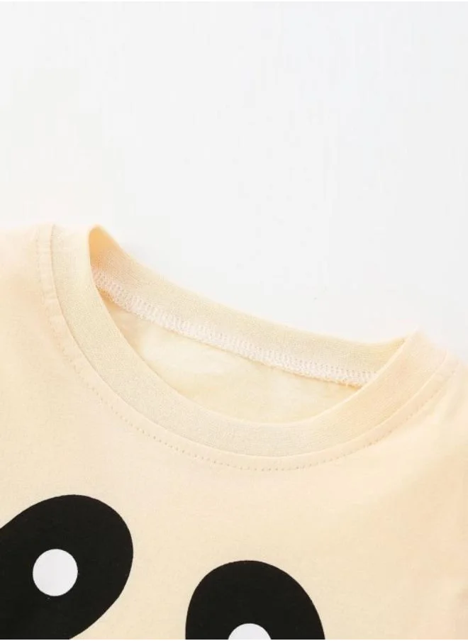 يونيكي Cream Printed Long Sleeve Crew Neck T-Shirt