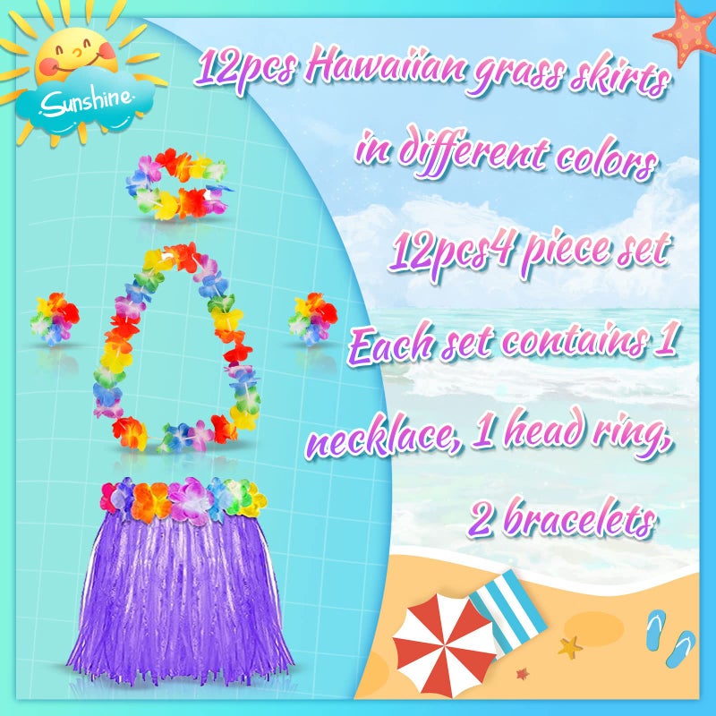 Pistroy 60 Pcs Hawaiian Luau Hula Skirts Decorations, Hawaiian Grass Skirts Leis Necklaces Bracelets for Tropical Beach Holiday Decorations Tropical Themed Dance - Image 2