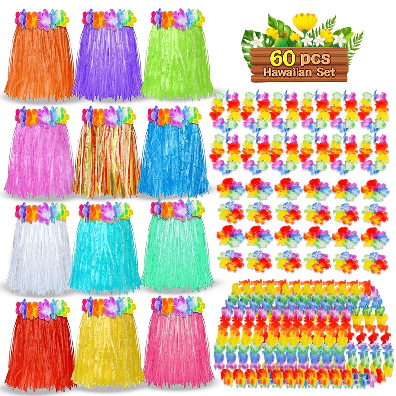 Pistroy 60 Pcs Hawaiian Luau Hula Skirts Decorations, Hawaiian Grass Skirts Leis Necklaces Bracelets for Tropical Beach Holiday Decorations Tropical Themed Dance - Image 1