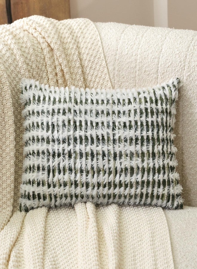 Aeckself Boho Chenille Tufted Pillow Cover 12x20 Inch, Rectangle Decorative Lumbar Throw Pillow Cover Neutral Pillowcase for Couch Bedroom Living Room, Green White - Image 2