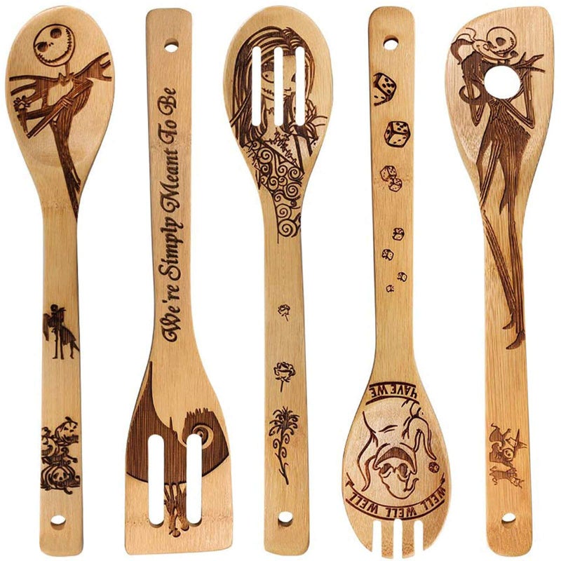 Jack Skellington Wooden Spoons for Cooking Utensils Set  Magic Pattern Burned Spatulas Kitchen Utensil Set for Kitchen DecorNightmare Before Christmas GiftS for Fans and Friends