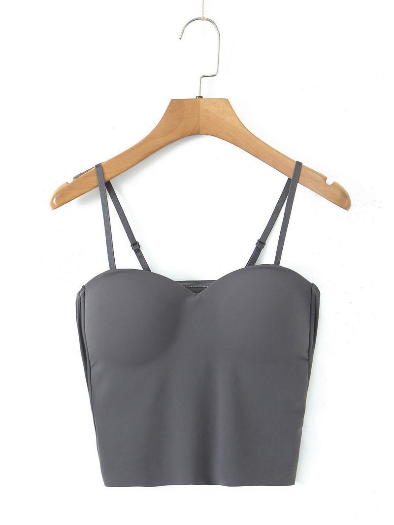 200 Jin Womens Ice Silk Traceless Camisole Gather Fixed Cup Underwear Fat MM Outer Wear Top Grey - Image 1