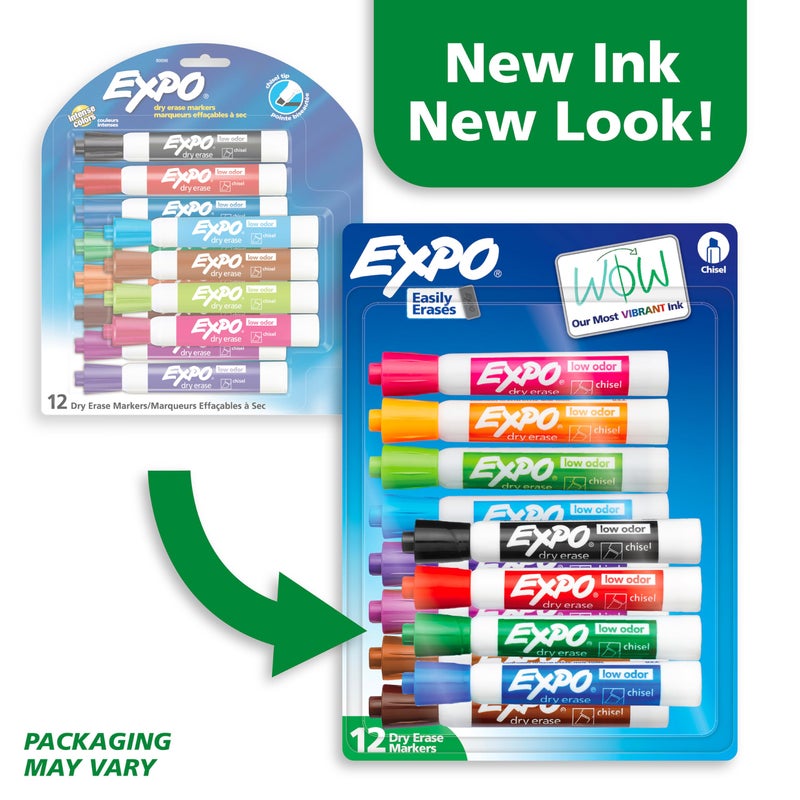 EXPO Dry Erase Markers, Low Odor Ink, Assorted Colors, Chisel Tip, 12 Count - Easily Erases, Vibrant Ink, Ideal for Classroom, Back to School Supplies, Teachers, Office, Whiteboard & Home - Image 3