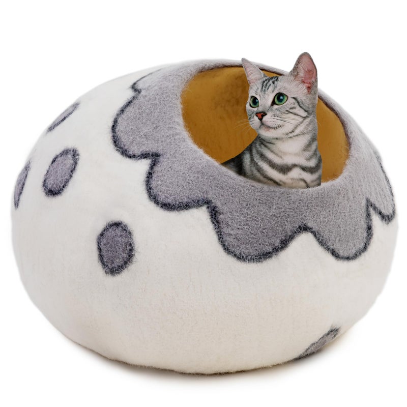 Woolygon Premium Felt Cat Cave Bed â€“ Wool Kitty Beds Handcrafted Kitten Caves Bed for Indoor Cats - Made from 100% Eco-Friendly Merino Wool, Foldable Cat Hidewawy Covered Cat House Pod (Flower Collar) - Image 1