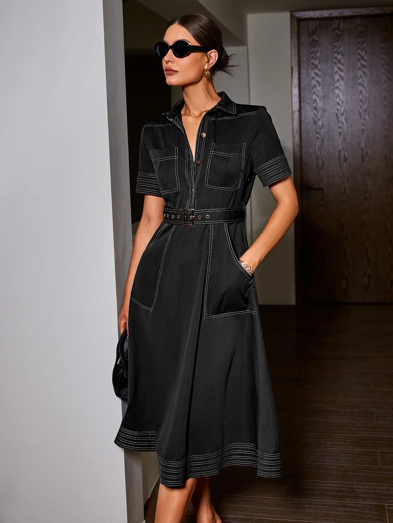 Simplee Lapel Short Sleeve Shirt Maxi Dress, Shirt Dress Silhouette, Casual Office Dress