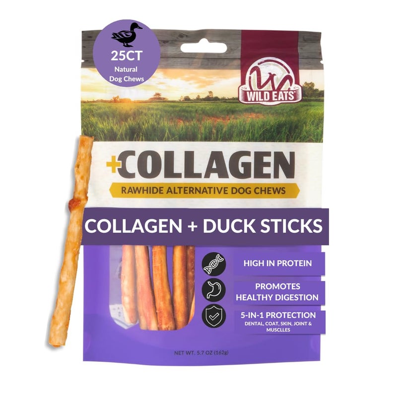 Wild Eats Real Duck Collagen Sticks for Dogs (25 Pack,5 Inch) Long Lasting Dog Chews No Hide Dog Treat Bully Stick Alternative, Rawhide Free, Grain Free, High Protein - Image 1