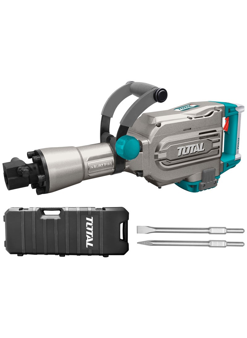 توتال مطرقة تكسير احترافية من توتال بقدرة ١٧٠٠ واط، بقوة طرق ٤٥ جول، ومعدل ١٤٠٠ ضربة في الدقيقة، ونظام تثبيت سداسي، بوزن ١٦ كغ، مزودة بإزميلين وفحمات كربونية، مع حقيبة حمل بلاستيكية، وتعمل على جهد ٢٢٠–٢٤٠ فولت - Image 1