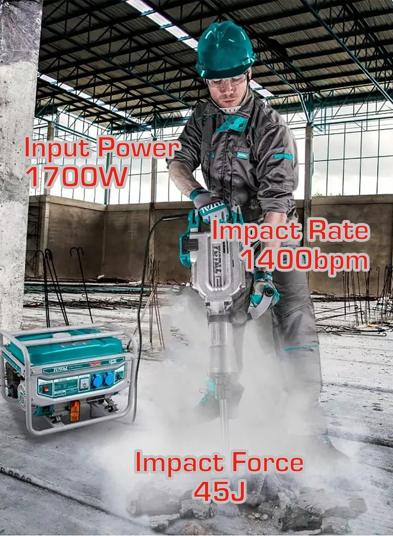 توتال مطرقة تكسير احترافية من توتال بقدرة ١٧٠٠ واط، بقوة طرق ٤٥ جول، ومعدل ١٤٠٠ ضربة في الدقيقة، ونظام تثبيت سداسي، بوزن ١٦ كغ، مزودة بإزميلين وفحمات كربونية، مع حقيبة حمل بلاستيكية، وتعمل على جهد ٢٢٠–٢٤٠ فولت - Image 2