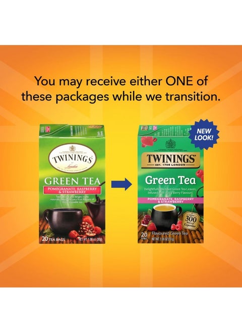 Twinings Green Tea With Pomegranate, Raspberry, And Strawberry - Caffeinated Green Tea Bags Individually Wrapped, 20 Count (Pack Of 2)