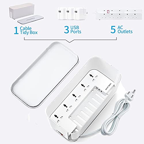 Hoteon Extension Board with Cable Management Box, Hoteon Power Strip Plus Cord Organizer Box with Reset, 2500W/10A 5 Universal Sockets and 3nos 5V/3.1A Fast Charge USB Ports, 2M Surge Protector(3 PIN) - Image 4