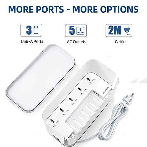 Hoteon Extension Board with Cable Management Box, Hoteon Power Strip Plus Cord Organizer Box with Reset, 2500W/10A 5 Universal Sockets and 3nos 5V/3.1A Fast Charge USB Ports, 2M Surge Protector(3 PIN) - Image 2
