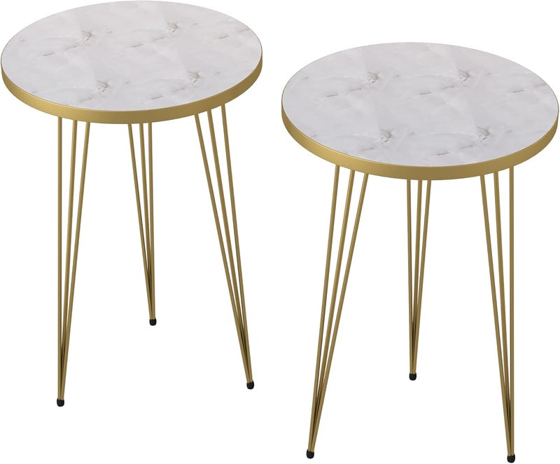 PAK HOME Set of 2 End Table - High Gloss White Marble Look with Gold Metal Legs Round Wood Sofa Side Coffee Tables for Small Spaces, Nightstand Bedside Table for Bedroom, Living Room - Image 3