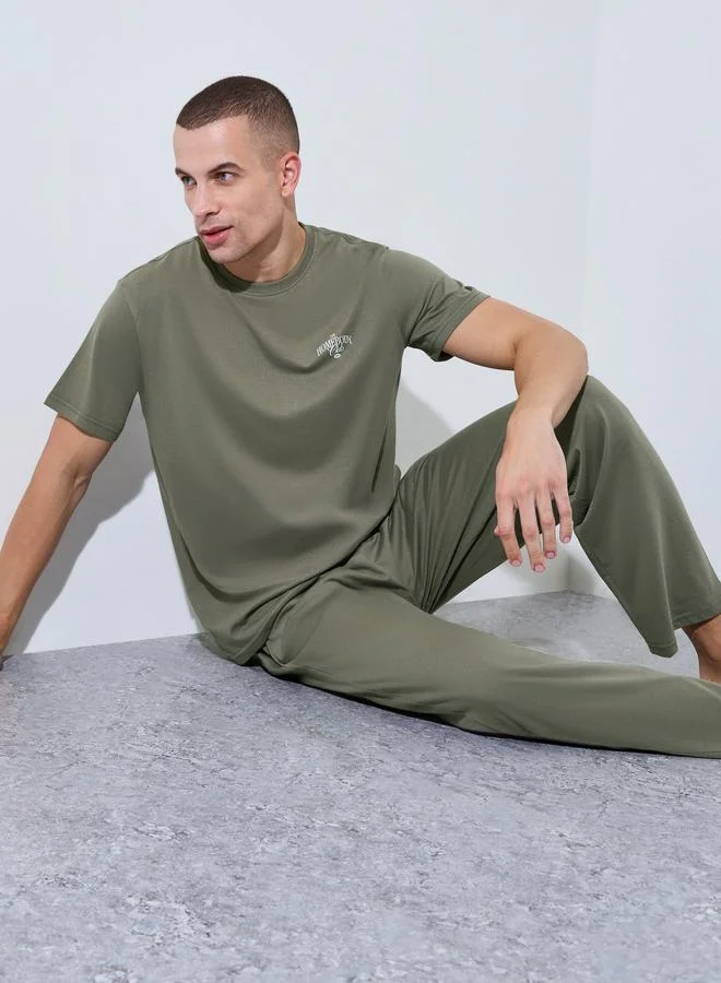 Styli Men Olive Graphic Print Relaxed Fit Pyjama Set