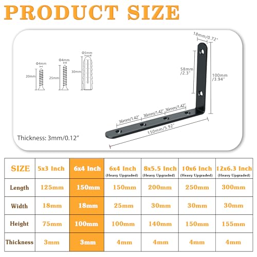 Alise Floating Shelf Brackets,Black Bracket for Shelves Heavy Duty L Wall Bracket Corner Brace,Joint Angle Bracket for Hanging Support,6x4 Inch(Pack of 4) - Image 2