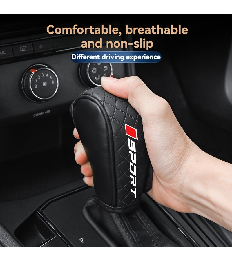 Black PU Leather Embossed Gear Shift Knob Cover Sporty Sweat Absorbing Breathable Protector for Non Luxury Vehicles - Image 1