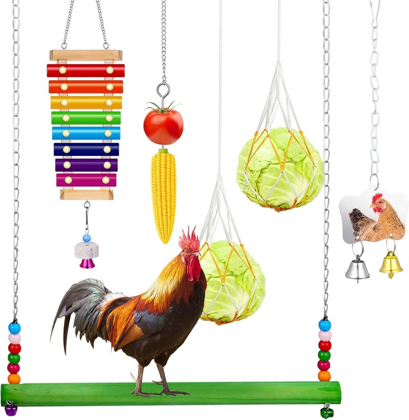 Gejoy 6 Pieces Chicken Toys Set Chicken Bird Xylophone Toy Wood Stand Hen Mirror Toy Coop Swing Chicken Veggies Skewer Fruit Holder, Vegetable Hanging Feeder Chicken Chewing Foraging Toys for Chicken - Image 1