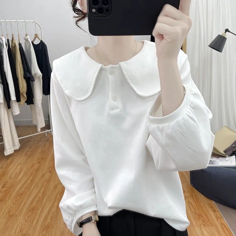 Korean style design feeling small fresh doll collar sweater womens 2024 new autumn western style age-reducing all-match top Black (fabric) - Image 2
