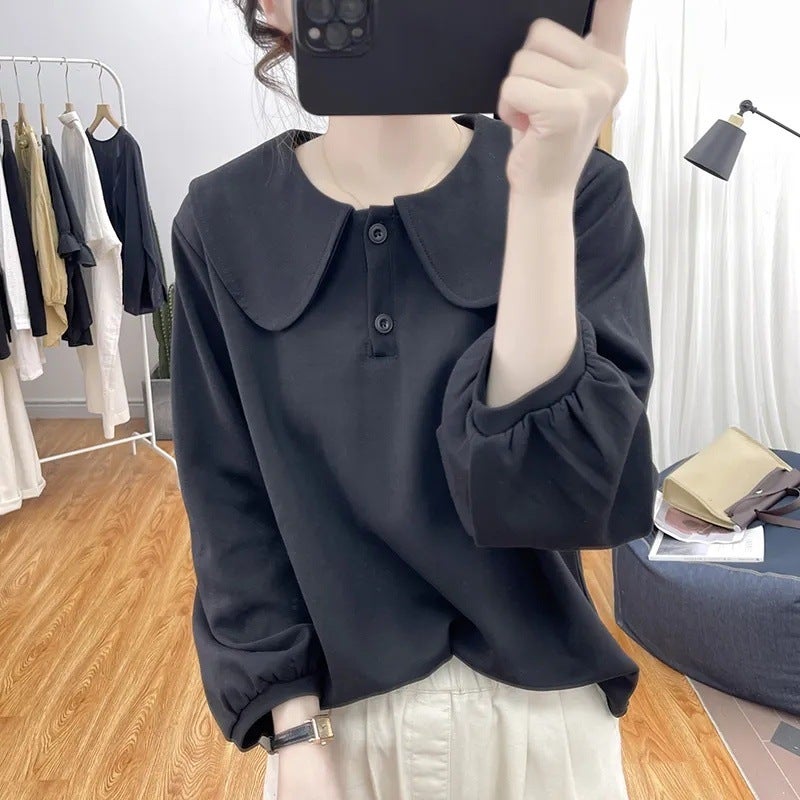 Korean style design feeling small fresh doll collar sweater womens 2024 new autumn western style age-reducing all-match top Black (fabric) - Image 1
