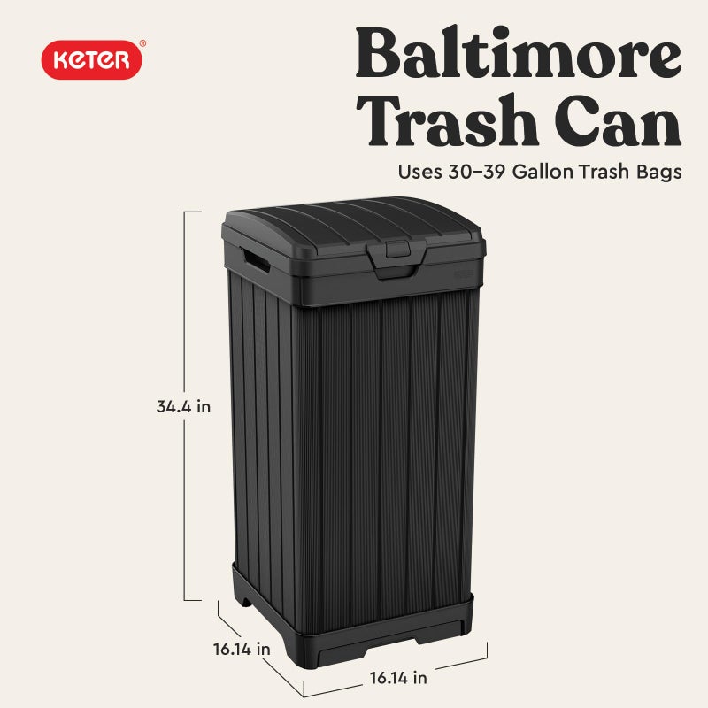 Keter Baltimore 38â€‘Gallon Outdoor Trash Can â€“ Resin Patio Garbage Bin with Locking Lid & Easyâ€‘Clean Drip Tray, Weatherâ€‘Resistant Design, Grey - Image 2