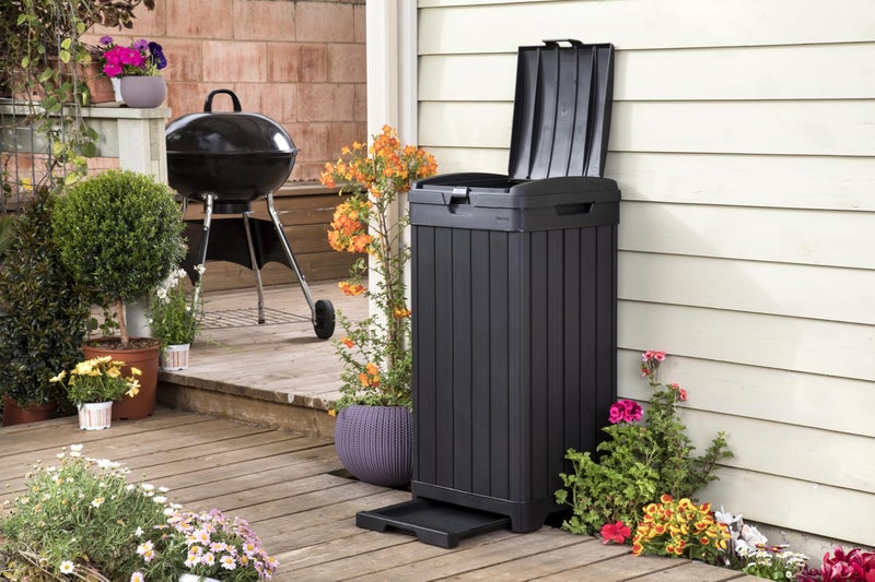 Keter Baltimore 38â€‘Gallon Outdoor Trash Can â€“ Resin Patio Garbage Bin with Locking Lid & Easyâ€‘Clean Drip Tray, Weatherâ€‘Resistant Design, Grey - Image 3