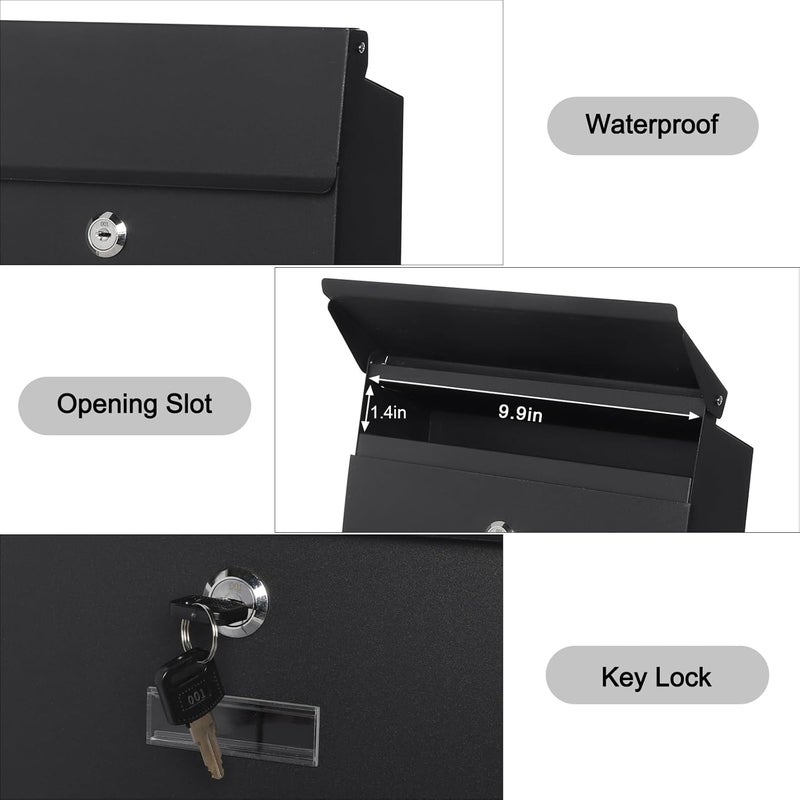 Parrency Wall-Mount Mailbox for Outside,Large Capacity Mail Box Waterproof and Rust-Resistant, Galvanized Steel Metal Post Box, Mailboxes for House, 15.2 x 10.1 x 3.3 Inch, Black - Image 4