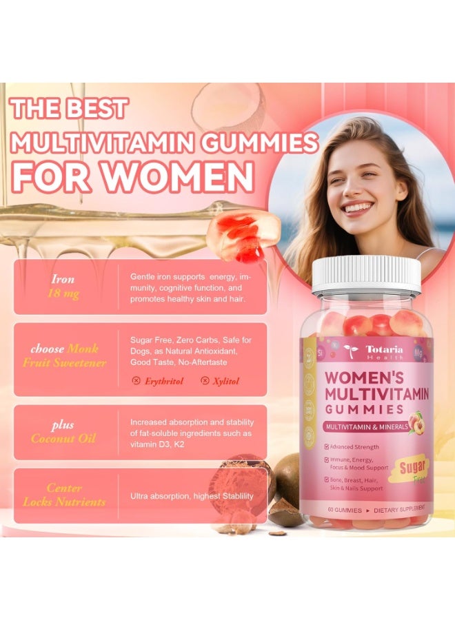 Totaria Sugar Free &Vegan Womens Multivitamin Gummies with Iron, Vitamins C, D3 K2, B12, B6, Filled Gummies for Daily Nutritional Support, Skin & Hair Health, Glowing Skin, Energy & Immunity , Peach Flavor - Image 4