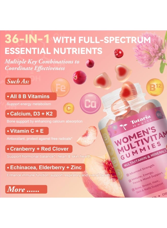 Totaria Sugar Free &Vegan Womens Multivitamin Gummies with Iron, Vitamins C, D3 K2, B12, B6, Filled Gummies for Daily Nutritional Support, Skin & Hair Health, Glowing Skin, Energy & Immunity , Peach Flavor - Image 2
