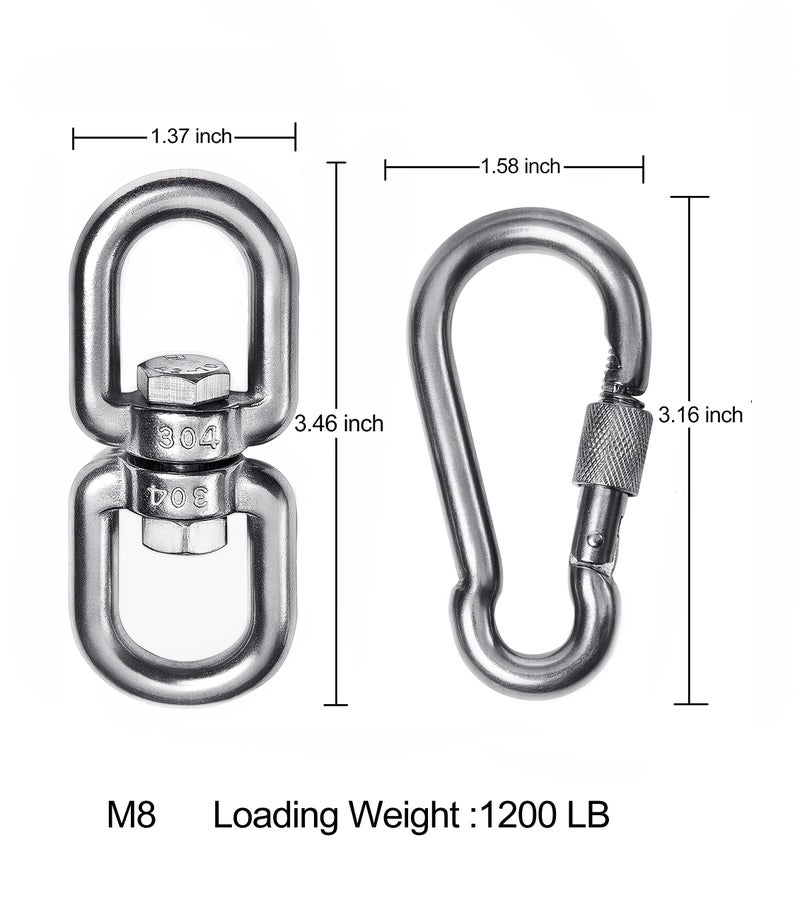 Velomill 2+1 Heavy Duty 304 Stainless Steel Swivel Ring Double Ended Swivel Eye Hook with SUS304 Snap Hooks for Web Tree Swing, Swing Spinner Hanger, Reliable and Safe (M8) - Image 4
