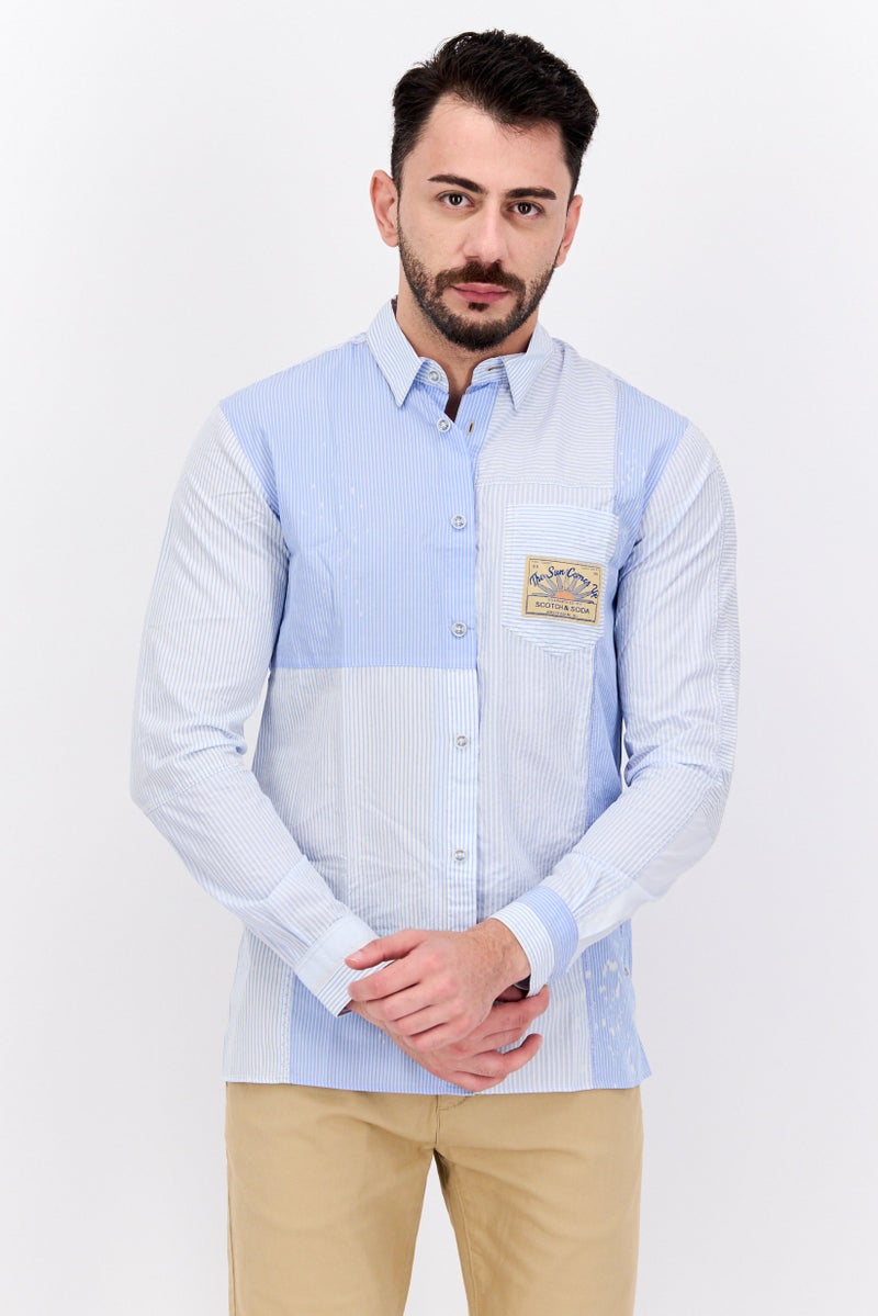 Scotch & Soda Men Regular Fit Stripe Long Sleeves Casual Shirt, Light Blue - Image 1