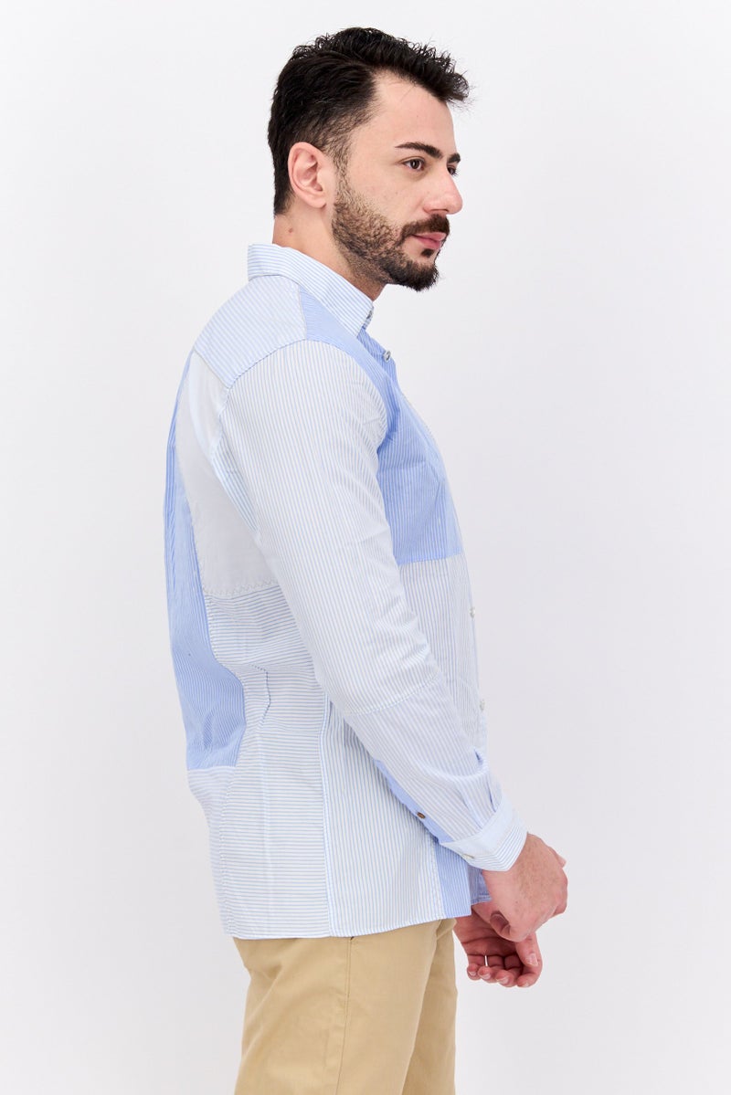 Scotch & Soda Men Regular Fit Stripe Long Sleeves Casual Shirt, Light Blue - Image 3