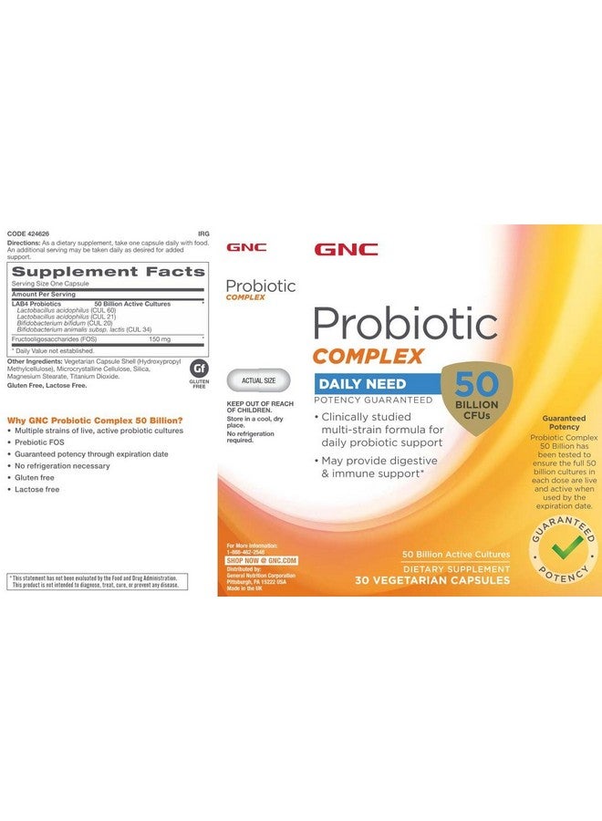 GNC Probiotic Complex Daily Need with 50 Billion CFUs | Clinically Studied Multi-Strain, Supports Digestive and Immune Health, Vegetarian | 30 Capsules - Image 4