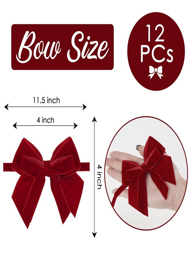 AIMUDI Red Velvet Ribbon Bows 4'' Christmas Bows for Gift Wrapping Premade Gift Bows Velvet Bows for Christmas Trees Wreaths Presents Crafts Home Christmas Winter Decorations, 12 PC - Image 3