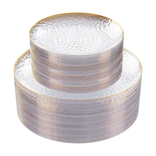 Rubtlamp 60Pcs Clear Plastic Plates,Clear Disposable Plates With Gold Rim,Heavy-duty Gold Plates,Hammered Party Plates Include 30Clear Dessert-Platos,30Dinner-Platos for Wedding, Party&Thanksgiving - Image 1